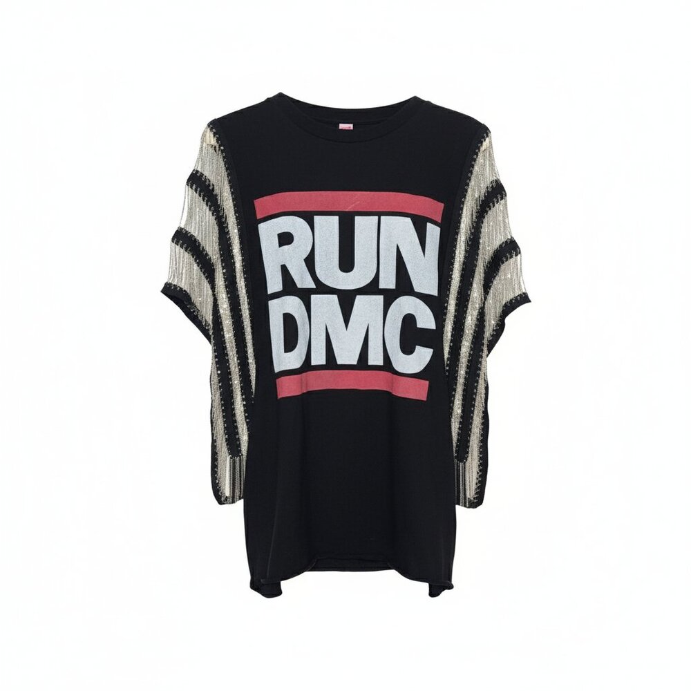 EVANGELISTA RUN DMC Graphic T-Shirt with Chain Fringe Sleeves Size M Rocker Chic